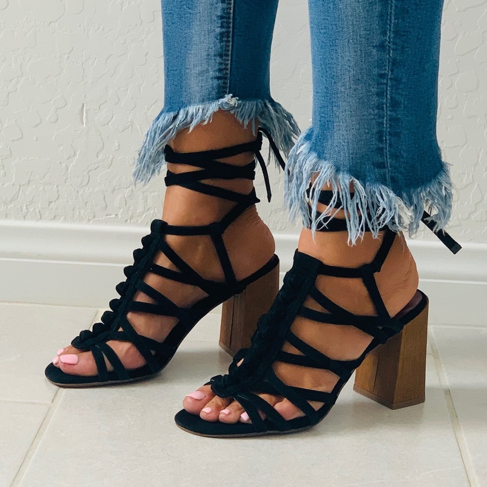 Black Chunky Heel Lace Up Gladiator Sandal - Picture 3 of 8